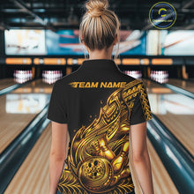 Load image into Gallery viewer, Custom Black And Gold Tribal Flame Bowling Women Polo Shirts, Polynesian Bowler Outfit IPHW10973