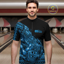 Load image into Gallery viewer, Custom Black And Blue Tribal Flame Bowling Men Quarter-Zip Shirts, Polynesian Bowler Outfit IPHW10975