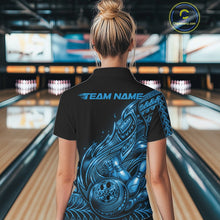 Load image into Gallery viewer, Custom Black And Blue Tribal Flame Bowling Women Shirts, Polynesian Bowler Outfit IPHW10975