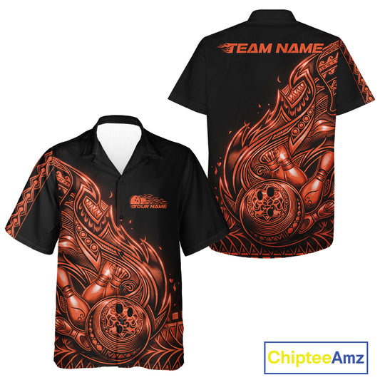 Front and back views of a black and orange button-up bowling shirt featuring bowling ball and pin artwork with flowing tribal flames in a Polynesian style.