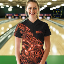 Load image into Gallery viewer, Custom Black And Orange Tribal Flame Bowling Women Shirts, Polynesian Bowler Outfit IPHW10976
