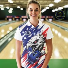 Load image into Gallery viewer, Woman wearing a bowling shirt with an eagle and American flag design in a bowling alley.