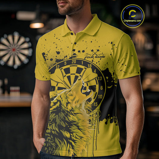 Custom Grunge Splatter Yellow Wolf Dart Men Polo Shirt, Wolf Dart Team Jerseys IPHW10018