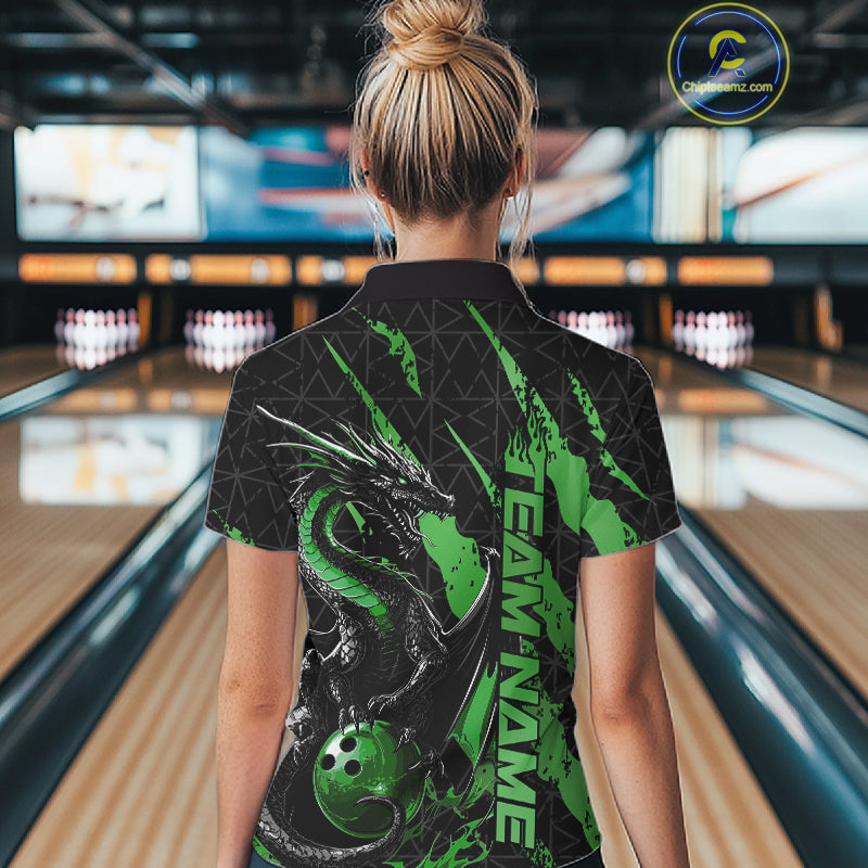 Custom Black And Green Dragon Bowling Women Quarter-Zip Shirts, Team Bowling Jerseys IPHW10750