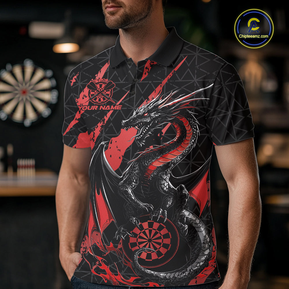 Custom Black And Red Dragon Dart Men Polo Shirts, Team Dart Jerseys IPHW10752
