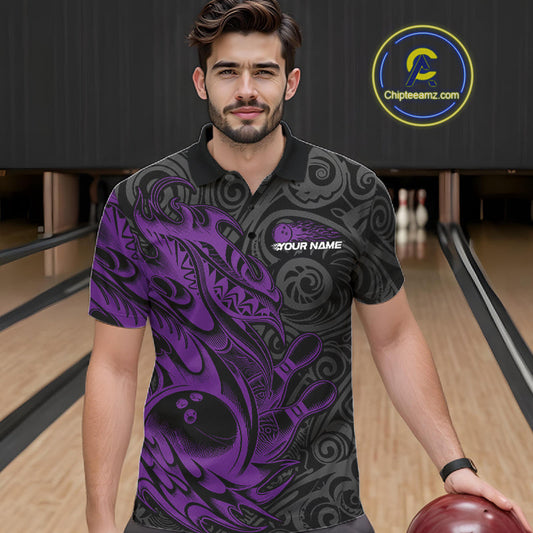Custom Black And Purple Tribal Polynesian Bowling Team Men Shirts, Niho Mano Bowling Shirt IPHW10756