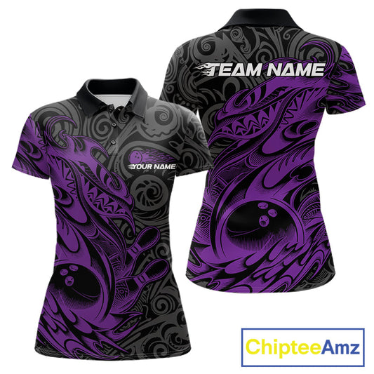 Custom Black And Purple Tribal Polynesian Bowling Team Women Shirts, Niho Mano Bowling Shirt IPHW10756