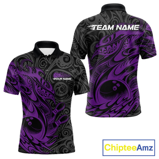 Custom Black And Purple Tribal Polynesian Bowling Team Men Shirts, Niho Mano Bowling Shirt IPHW10756