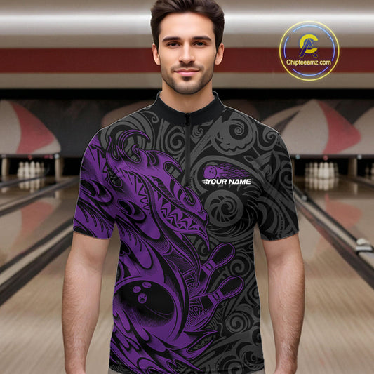 Custom Black And Purple Tribal Polynesian Bowling Team Men Shirts, Niho Mano Bowling Shirt IPHW10756