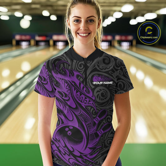 Custom Black And Purple Tribal Polynesian Bowling Women Shirts, Niho Mano Bowling Shirt IPHW10756