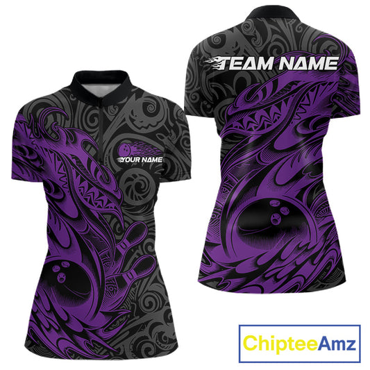 Custom Black And Purple Tribal Polynesian Bowling Women Shirts, Niho Mano Bowling Shirt IPHW10756