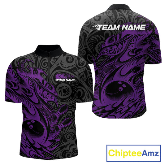 Custom Black And Purple Tribal Polynesian Bowling Team Men Shirts, Niho Mano Bowling Shirt IPHW10756