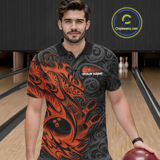 Custom Black And Orange Tribal Polynesian Bowling Team Men Shirts, Niho Mano Bowling Shirt IPHW10759