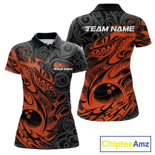 Custom Black And Orange Tribal Polynesian Bowling Team Women Shirts, Niho Mano Bowling Shirt IPHW10759
