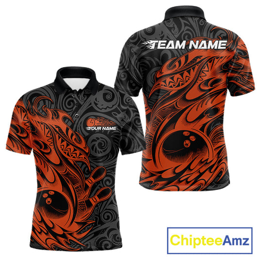 Custom Black And Orange Tribal Polynesian Bowling Team Men Shirts, Niho Mano Bowling Shirt IPHW10759