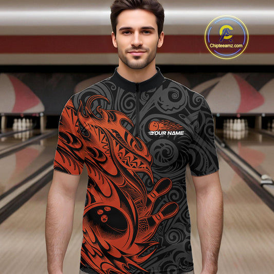Custom Black And Orange Tribal Polynesian Bowling Team Men Shirts, Niho Mano Bowling Shirt IPHW10759