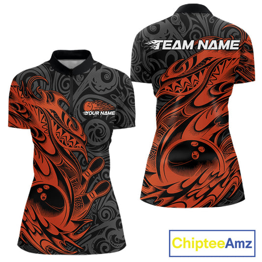 Custom Black And Orange Tribal Polynesian Bowling Women Shirts, Niho Mano Bowling Shirt IPHW10759