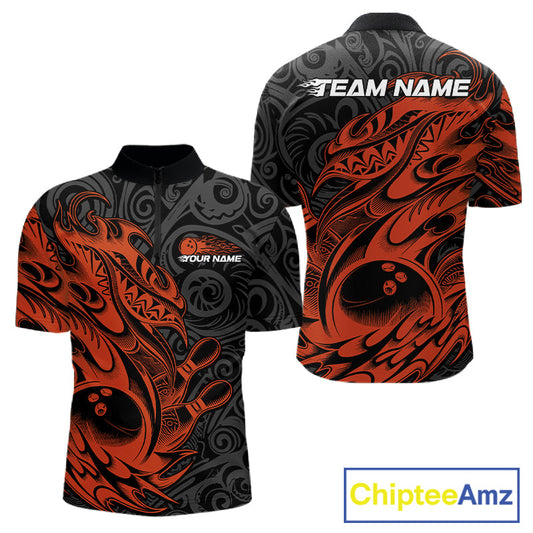 Custom Black And Orange Tribal Polynesian Bowling Team Men Shirts, Niho Mano Bowling Shirt IPHW10759
