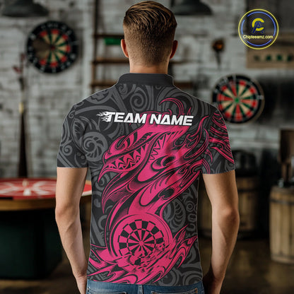 Custom Black And Pink Tribal Polynesian Dart Team Men Shirts, Niho Mano Dart Shirt IPHW10761