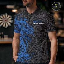 Load image into Gallery viewer, Custom Black And Blue Tribal Polynesian Dart Team Men Shirts, Niho Mano Dart Shirt IPHW10762