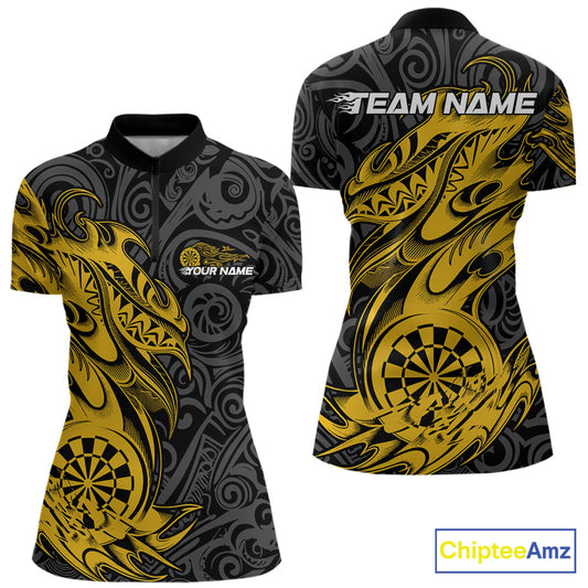 Custom Black And Yellow Tribal Polynesian Dart Team Women Shirts, Niho Mano Dart Shirt IPHW10763