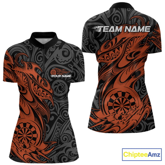 Custom Black And Orange Tribal Polynesian Dart Team Women Shirts, Niho Mano Dart Shirt IPHW10764