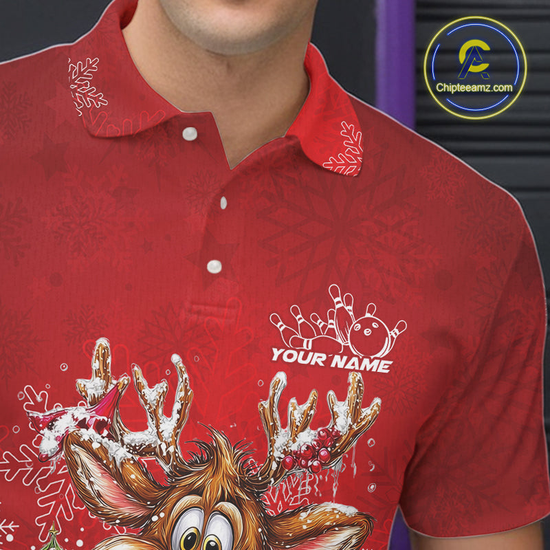 Custom Cute Funny Reindeer Christmas Bowling Men Polo Shirts, Xmas Team Bowling Outfit IPHW10115