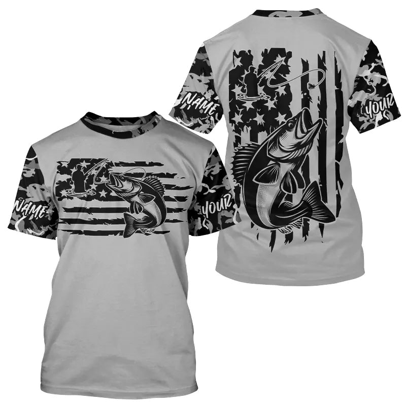 Gray Camo US Flag Custom Patriotic Walleye Tournament Fishing T-Shirt IPHW8156