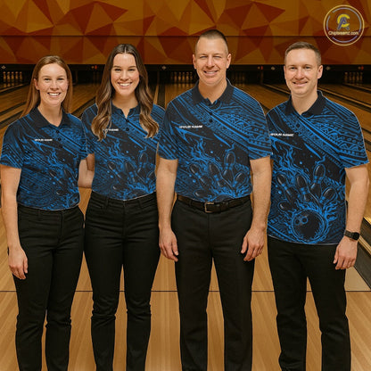 Custom Black And Blue Tribal Flame Bowling Ball Bowling Team Shirts, Polynesian Bowling Tournament Shirt IPHW10487