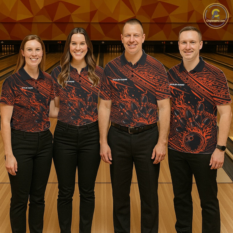 Custom Black And Orange Tribal Flame Bowling Ball Bowling Team Shirts, Polynesian Bowling Tournament Shirt IPHW10488