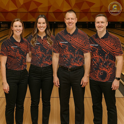 Custom Black And Orange Tribal Flame Bowling Ball Bowling Team Shirts, Polynesian Bowling Tournament Shirt IPHW10488