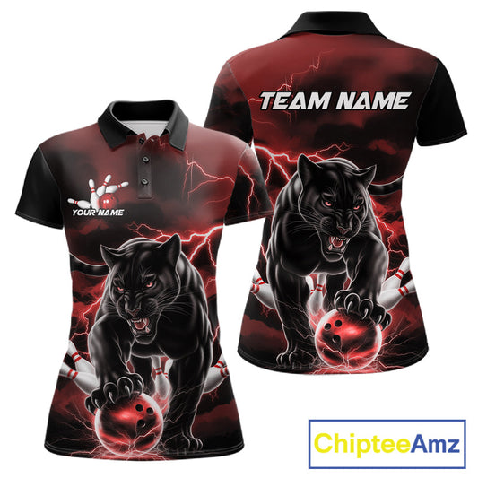 Red Thunder Lightning Custom Panther Women Bowling Polo Shirts, Panther Bowling Jerseys IPHW10790