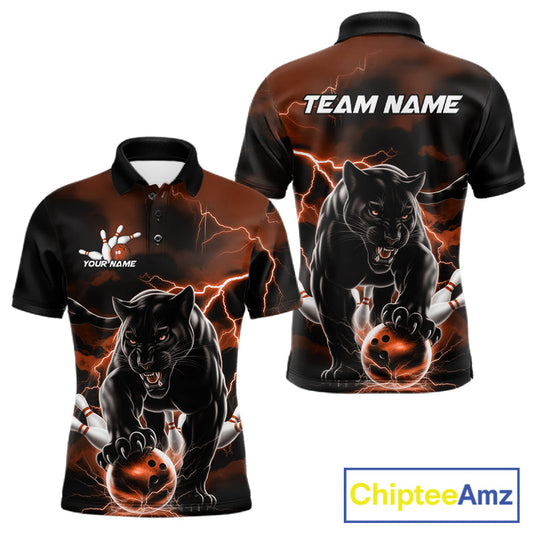 Orange Thunder Lightning Custom Panther Men Bowling Polo Shirts, Panther Bowling Jerseys IPHW10791
