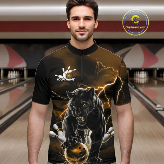 Yellow Thunder Lightning Custom Panther Men Bowling Quarter-Zip Shirts, Panther Bowling Jerseys IPHW10792