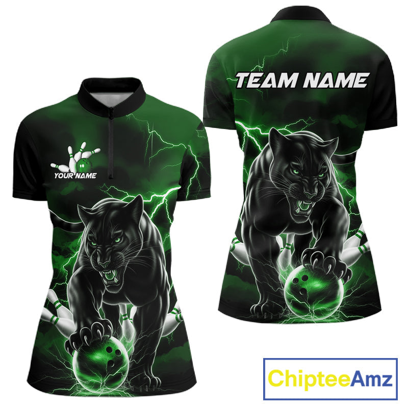 Green Thunder Lightning Custom Panther Women Bowling Shirts, Panther Bowling Jerseys IPHW10793