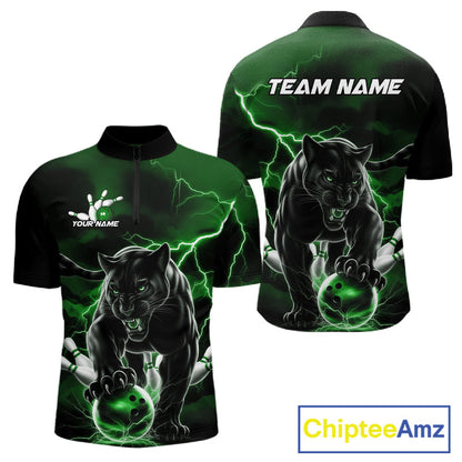 Green Thunder Lightning Custom Panther Men Bowling Quarter-Zip Shirts, Panther Bowling Jerseys IPHW10793