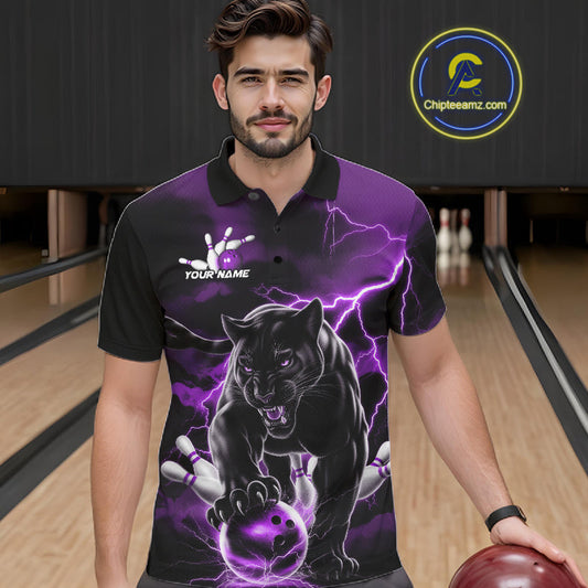 Purple Thunder Lightning Custom Panther Men Bowling Polo Shirts, Panther Bowling Jerseys IPHW10795