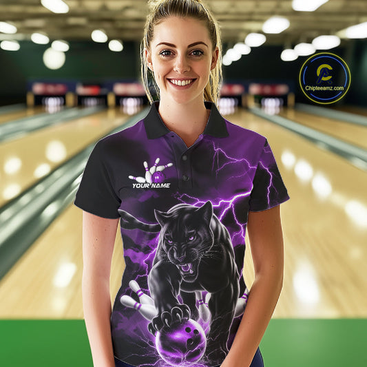 Purple Thunder Lightning Custom Panther Women Bowling Polo Shirts, Panther Bowling Jerseys IPHW10795