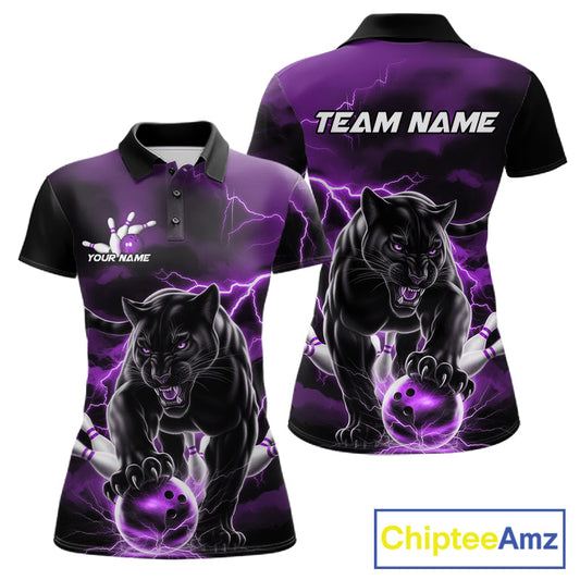 Purple Thunder Lightning Custom Panther Women Bowling Polo Shirts, Panther Bowling Jerseys IPHW10795