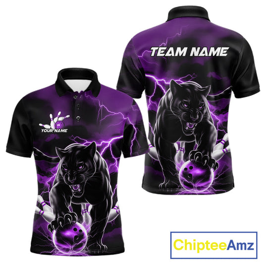 Purple Thunder Lightning Custom Panther Men Bowling Polo Shirts, Panther Bowling Jerseys IPHW10795