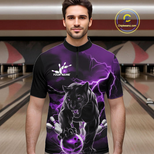 Purple Thunder Lightning Custom Panther Men Bowling Quarter-Zip Shirts, Panther Bowling Jerseys IPHW10795