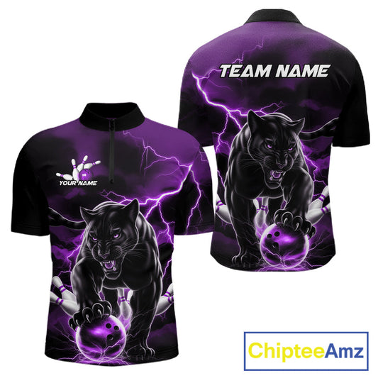 Purple Thunder Lightning Custom Panther Men Bowling Quarter-Zip Shirts, Panther Bowling Jerseys IPHW10795