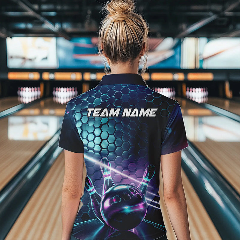 Custom Hexagon Holographic Bowling Team Women Quarter-Zip Shirts, Galaxy Bowling Shirt IPHW8903