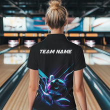 Load image into Gallery viewer, Custom Black, Blue And Purple Holographic Bowling Women Polo Shirts, Bowling Team Uniform IPHW8905