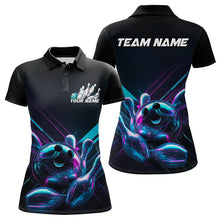 Load image into Gallery viewer, Custom Black, Blue And Purple Holographic Bowling Women Polo Shirts, Bowling Team Uniform IPHW8905