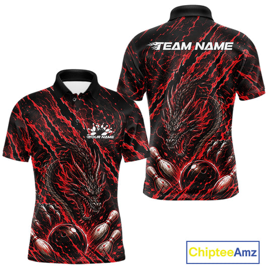 Custom red dragon bowling shirt with vibrant lightning accents a fierce dragon and pins