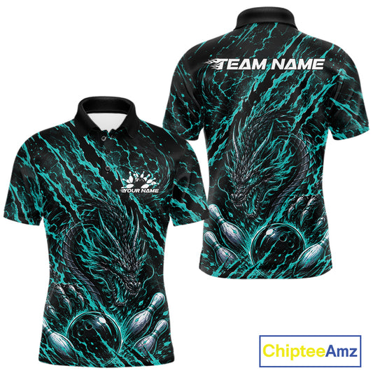 Custom teal blue dragon bowling shirt with vibrant lightning accents a fierce dragon and pins