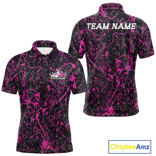 Custom black and pink paint splatter polo shirt mockup shown from front and back, featuring personalized â€œYour Nameâ€ text on the chest, large â€œTEAM NAMEâ€ lettering across the back