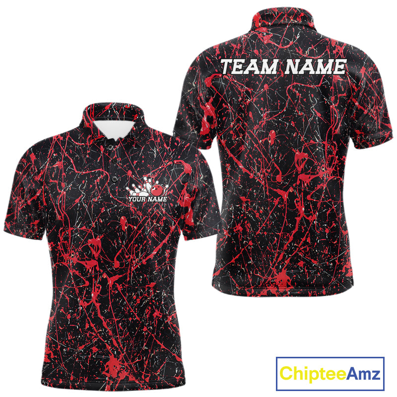 Custom black and red splatter polo shirt mockup shown from front and back, featuring personalized â€œYour Nameâ€ text on the chest, large â€œTEAM NAMEâ€ lettering across the back