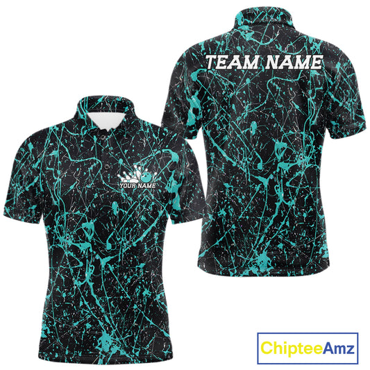 Custom black and teal paint splatter polo shirt mockup shown from front and back, featuring personalized â€œYour Nameâ€ text on the chest, large â€œTEAM NAMEâ€ lettering across the back